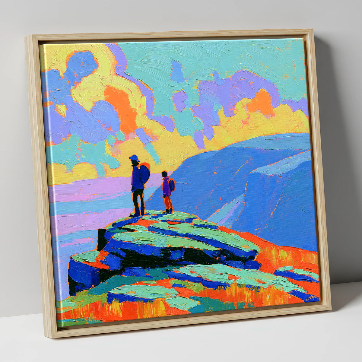 Hikers on a Vibrant Fell Summit lake district fell canvas wall art in natural frame