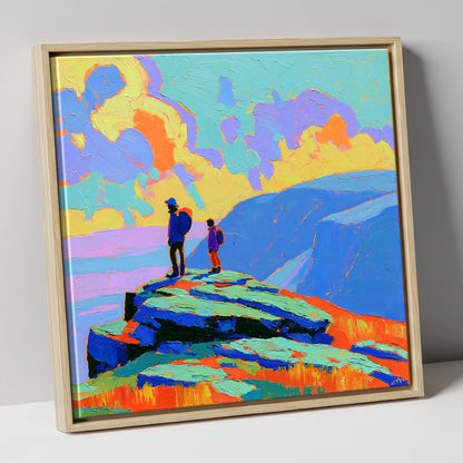 Hikers on a Vibrant Fell Summit lake district fell canvas wall art in natural frame