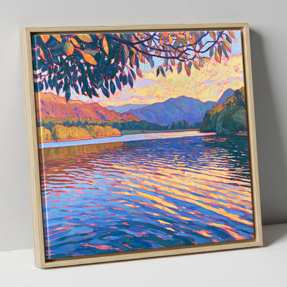 Golden Ripples on Esthwaite Water lake district village canvas wall art in natural frame