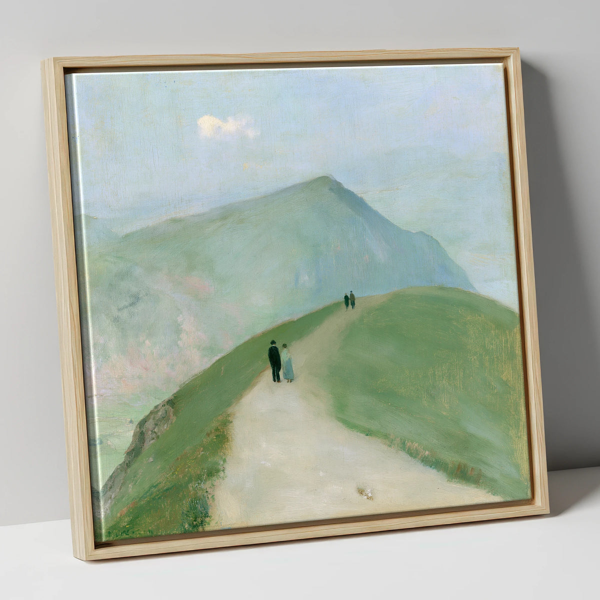 Walkers on a Mountain Ridge lake district walking canvas wall art in natural frame