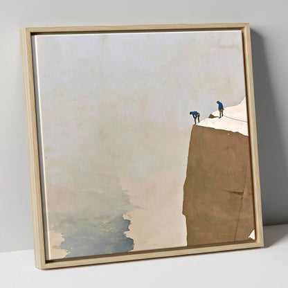Climbers on a Snowy Crag lake district walking canvas wall art in natural frame