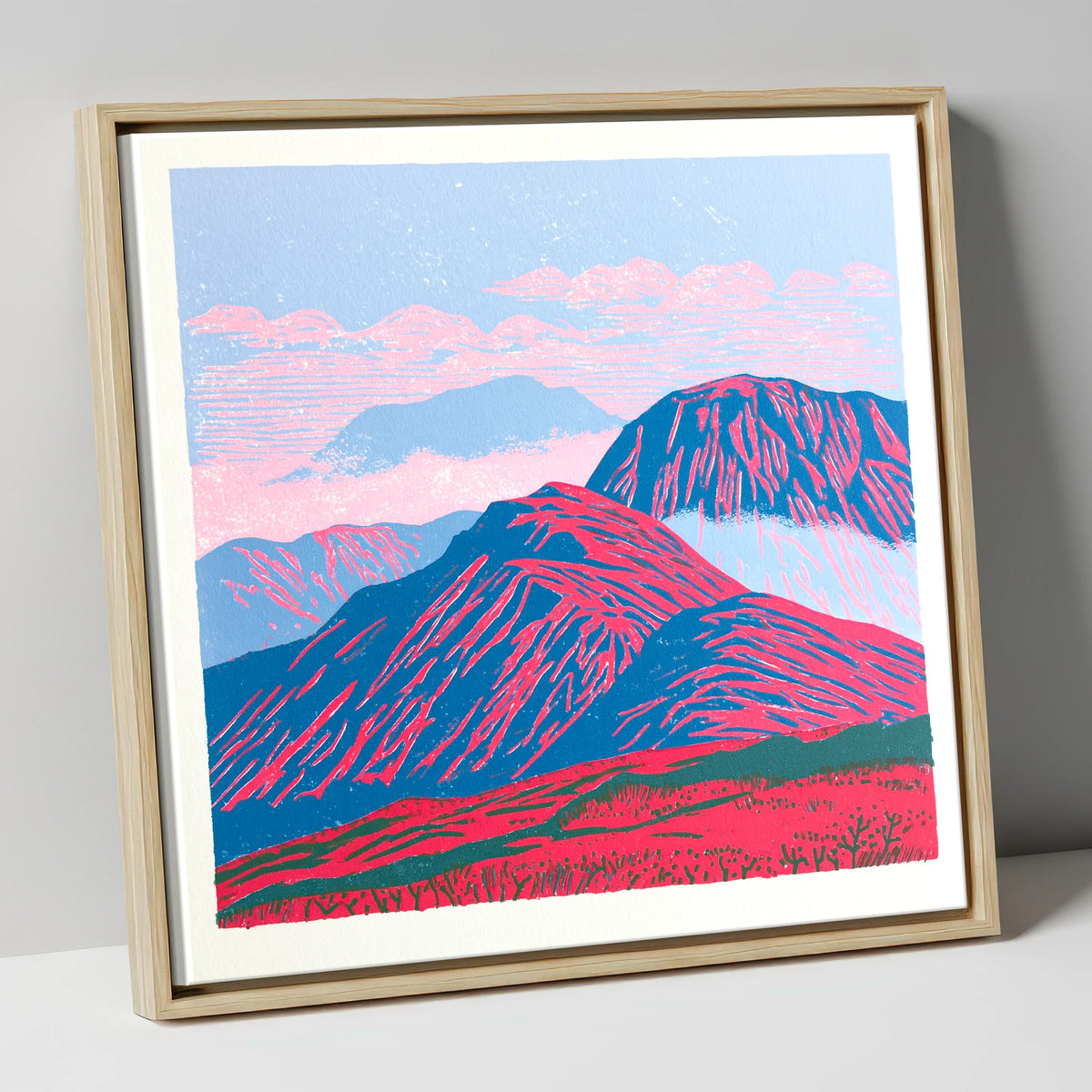 Vibrant Red Misty Mountain Ridge lake district fell canvas wall art in natural frame