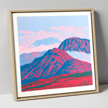 Vibrant Red Misty Mountain Ridge lake district fell canvas wall art in natural frame
