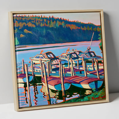Vibrant Boats Moored on Windermere lake district lake canvas wall art in natural frame