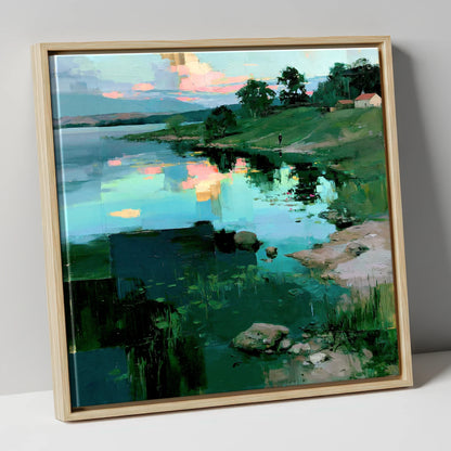 Turquoise Lake at Pink Sunrise lake district lake canvas wall art in natural frame