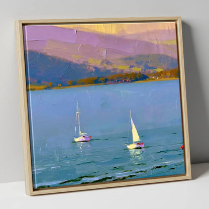Windermere Sailboats against Lavender Fells lake district lake canvas wall art in natural frame