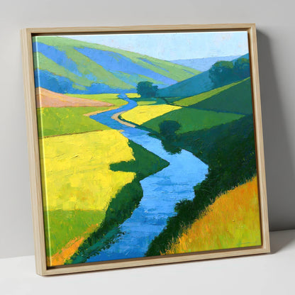 Winding Blue Beck through Vibrant Valley Meadows lake district waterfall canvas wall art in natural frame