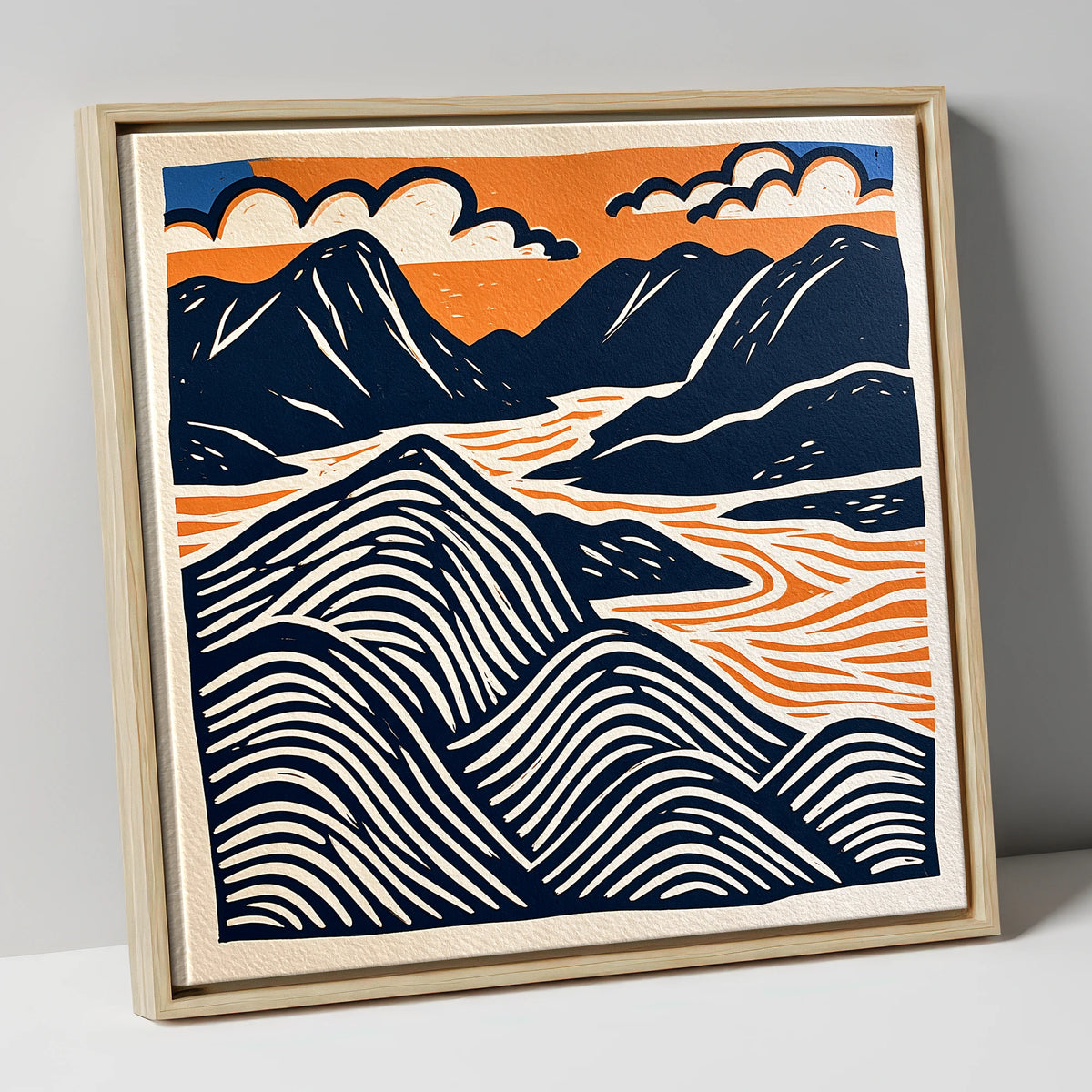 Mountain Summit in Navy and Orange lake district fell canvas wall art in natural frame