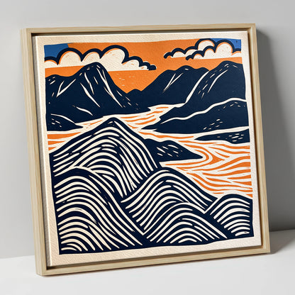 Mountain Summit in Navy and Orange lake district fell canvas wall art in natural frame