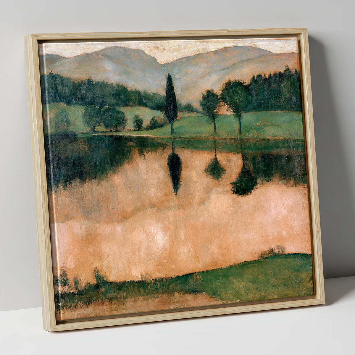 Warm Reflections on a Calm Lake lake district lake canvas wall art in natural frame