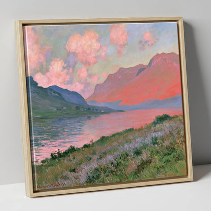 Mountain Lake in Pink Sunset lake district lake canvas wall art in natural frame