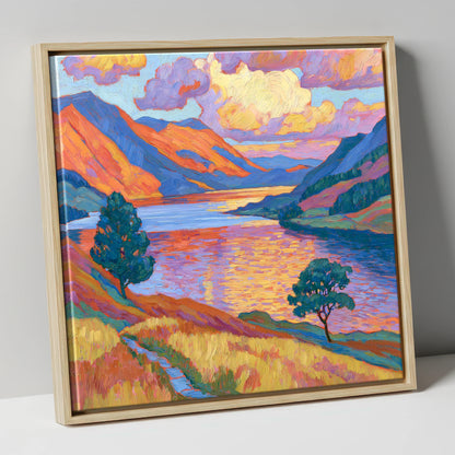 Radiant Evening Glow on the Fells lake district lake canvas wall art in natural frame