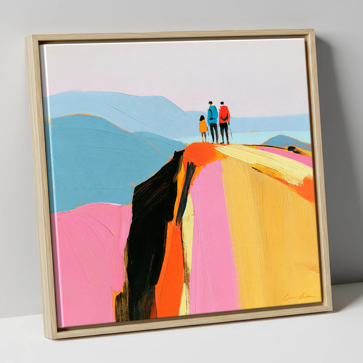 Colourful Fell Top Walkers lake district fell canvas wall art in natural frame
