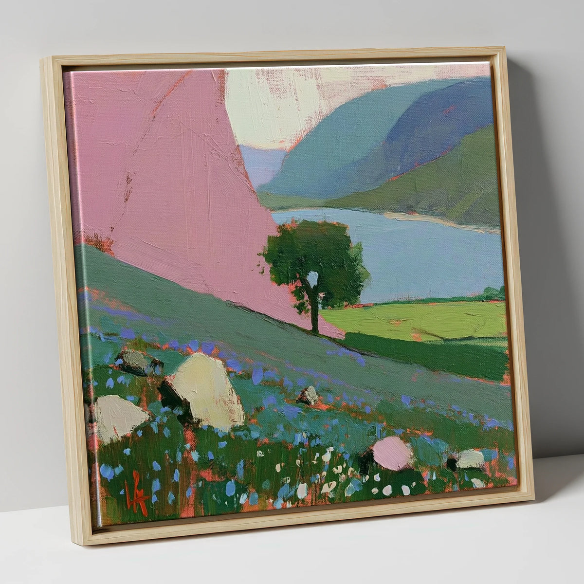 Pink Fellside Above Crummock Water lake district lake canvas wall art in natural frame