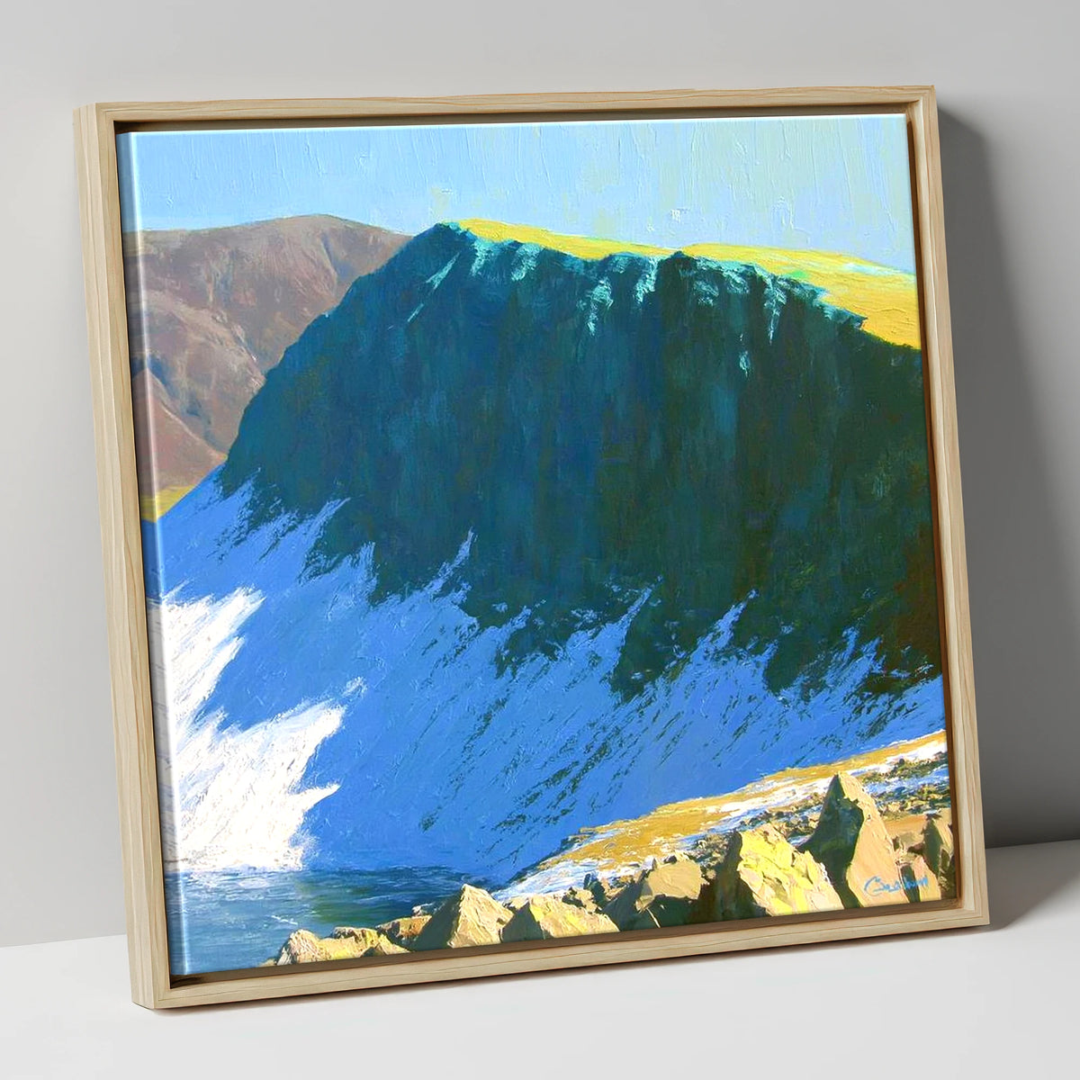 Winter Sunlight on Dow Crag lake district fell canvas wall art in natural frame