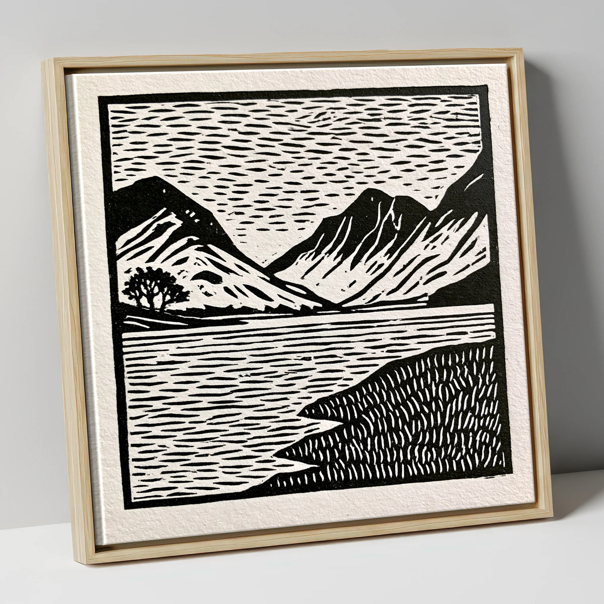 Black and White Buttermere Fells lake district lake canvas wall art in natural frame