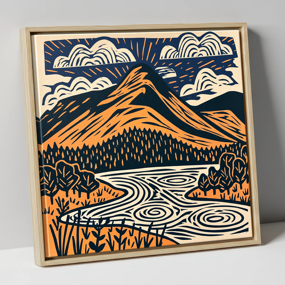 Catbells in Terracotta and Navy lake district fell canvas wall art in natural frame