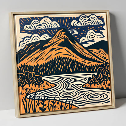 Catbells in Terracotta and Navy lake district fell canvas wall art in natural frame