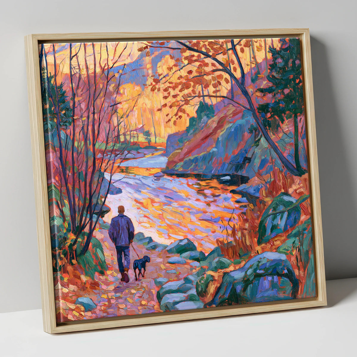 Autumn Dog Walk Aira Force gifts for dog walkers canvas wall art in natural frame