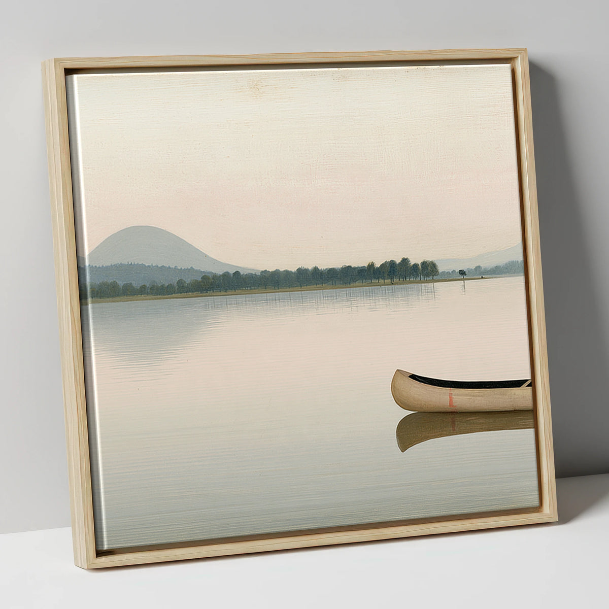Wooden Canoe on Pale Windermere lake district lake canvas wall art in natural frame