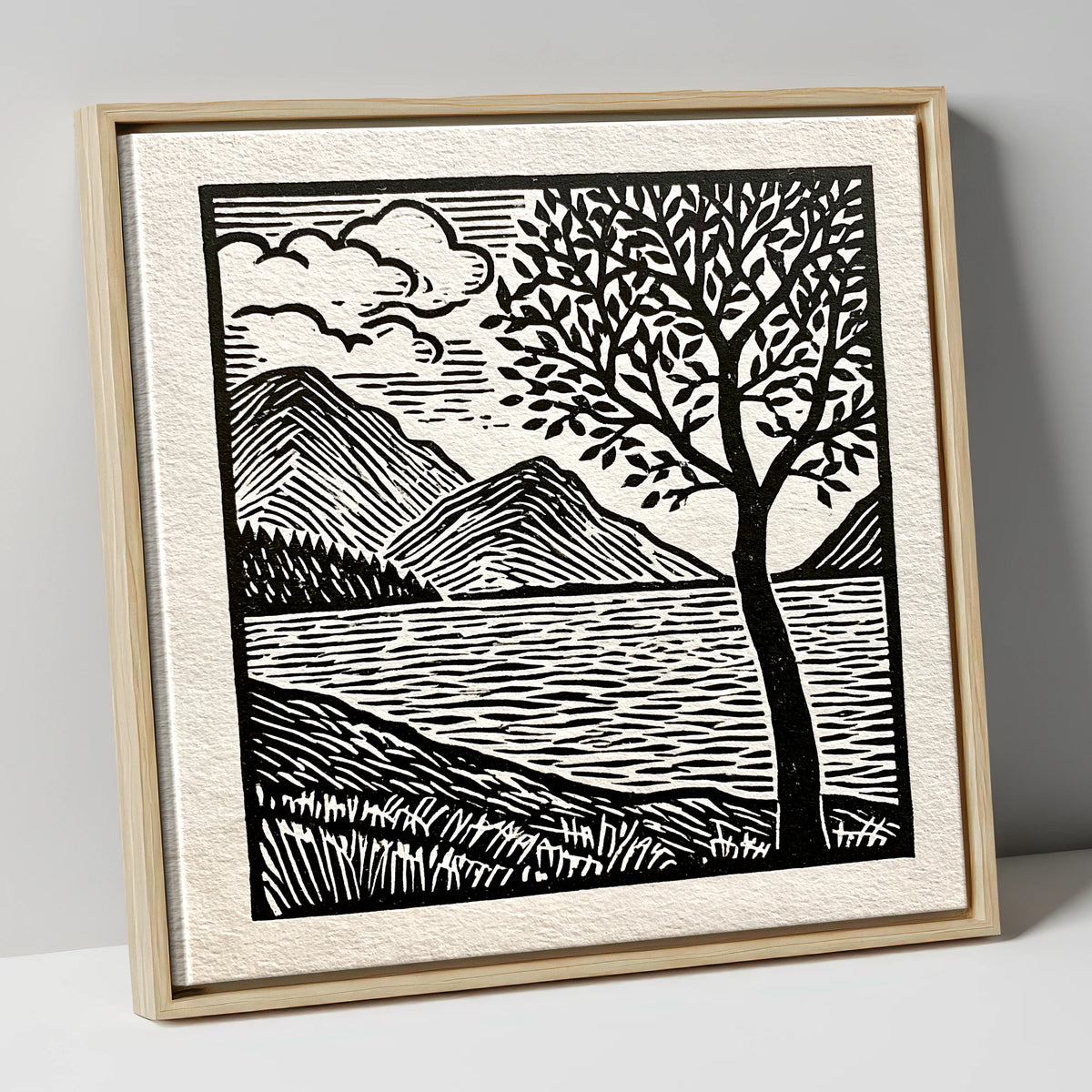 Graphic Crummock Water Fells lake district lake canvas wall art in natural frame