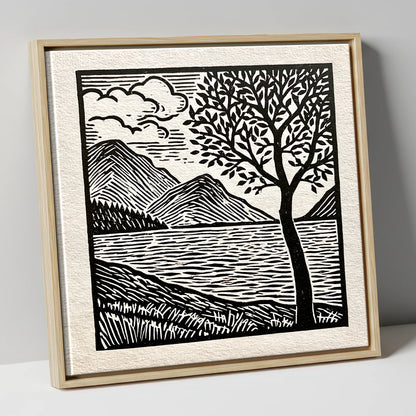 Graphic Crummock Water Fells lake district lake canvas wall art in natural frame