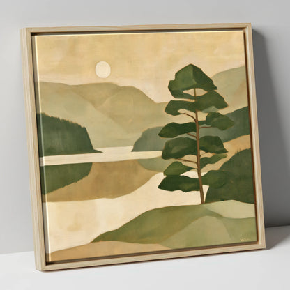 Still Lake and Pine at Dawn lake district lake canvas wall art in natural frame