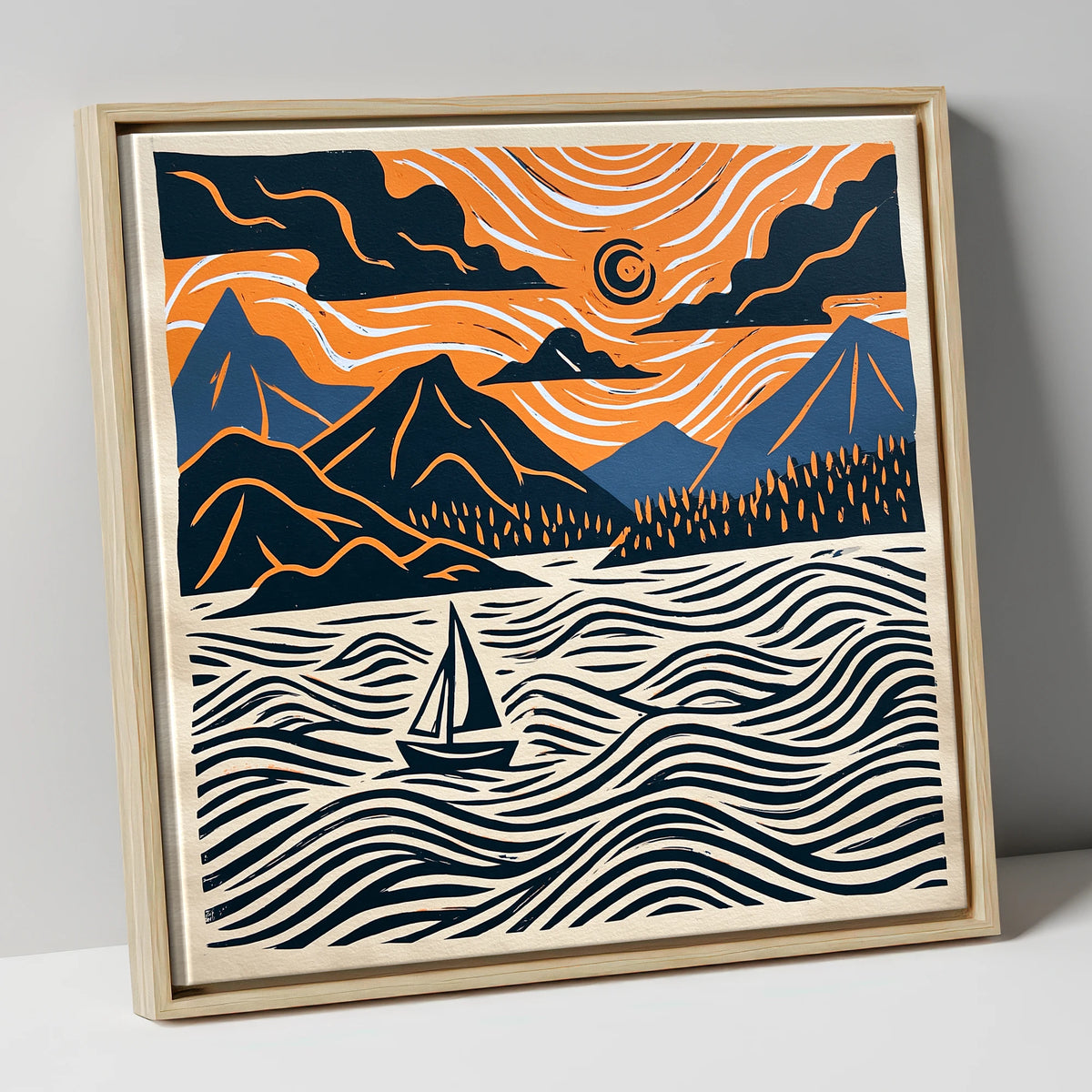 Derwentwater Sailboat Beneath Swirling Skies lake district lake canvas wall art in natural frame