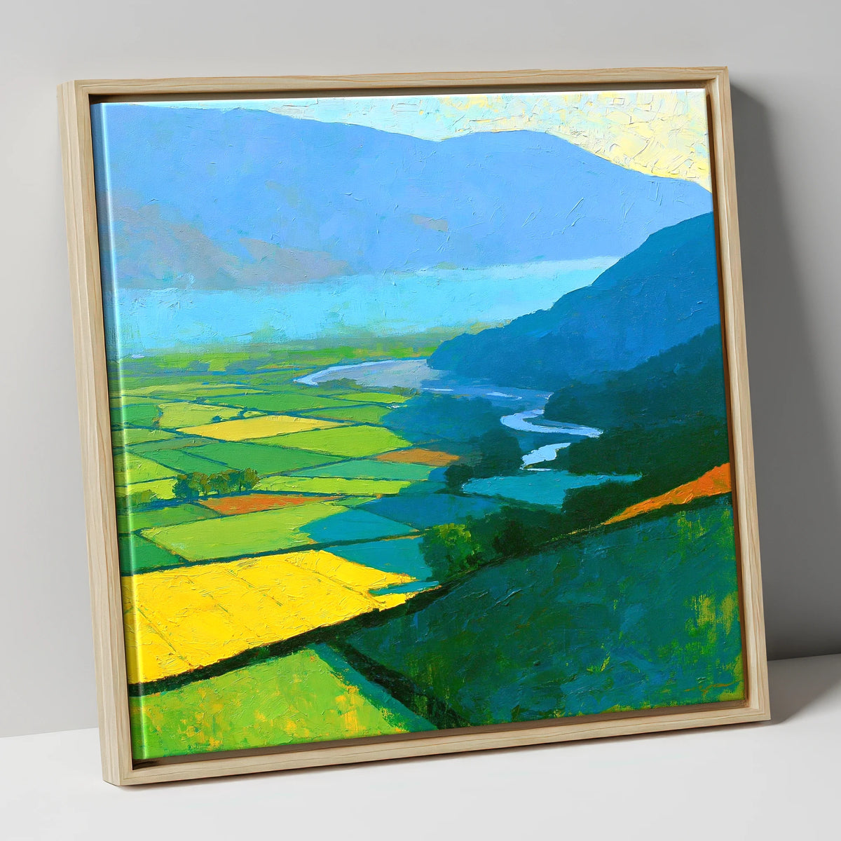 Sunlit Valley Fields and Winding River lake district sky canvas wall art in natural frame