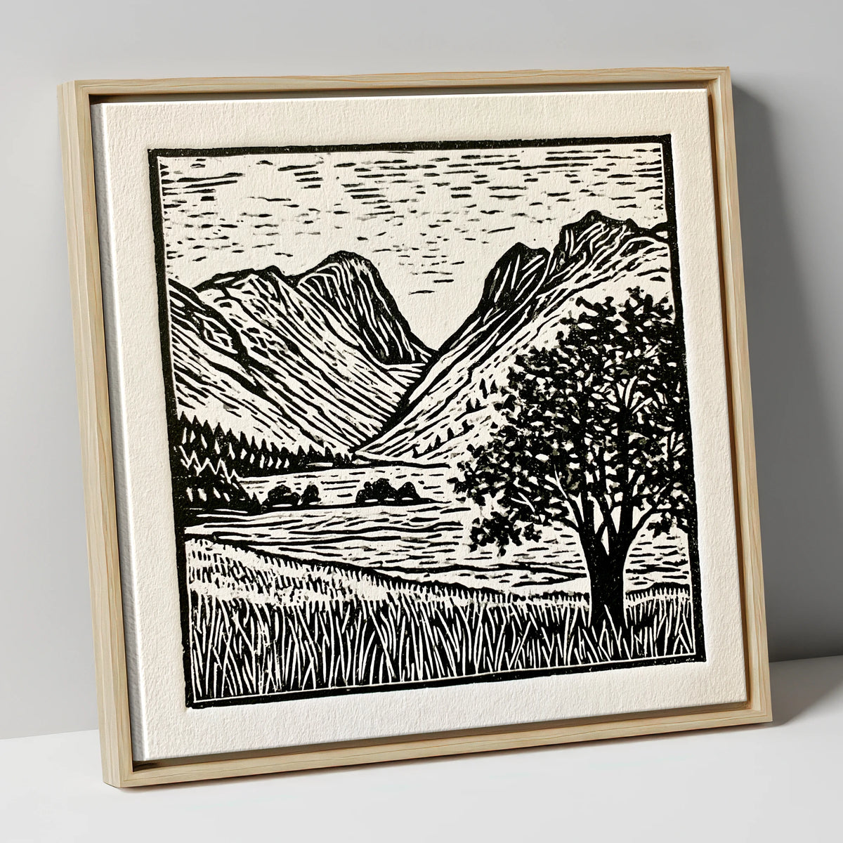 Langdale Pikes in Bold Monochrome lake district fell canvas wall art in natural frame