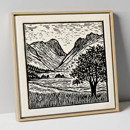 Langdale Pikes in Bold Monochrome lake district fell canvas wall art in natural frame