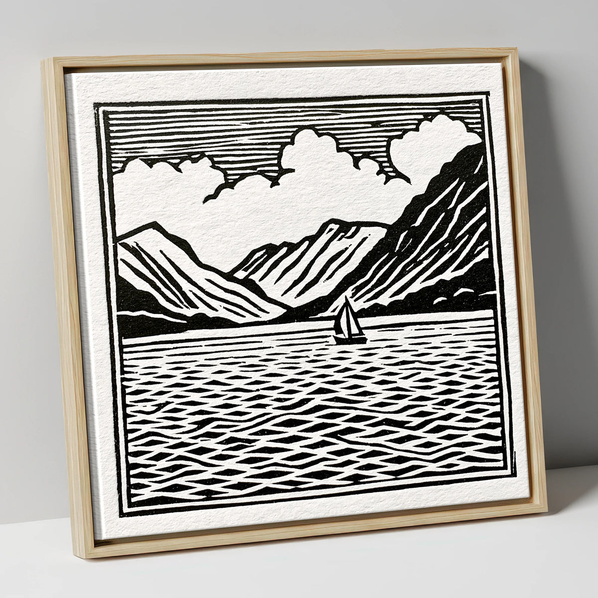 Black and White Ullswater Sailboat lake district lake canvas wall art in natural frame