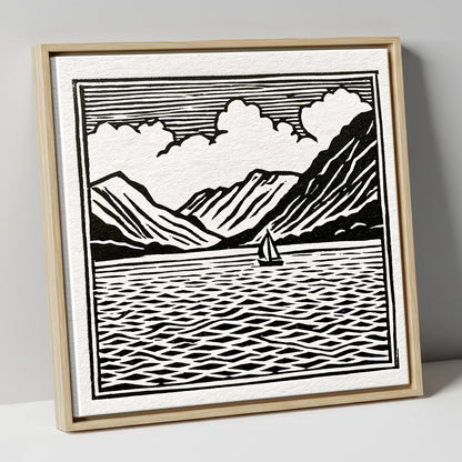 Black and White Ullswater Sailboat lake district lake canvas wall art in natural frame