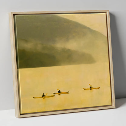 Lake Kayaking in Golden Mist lake district walking canvas wall art in natural frame