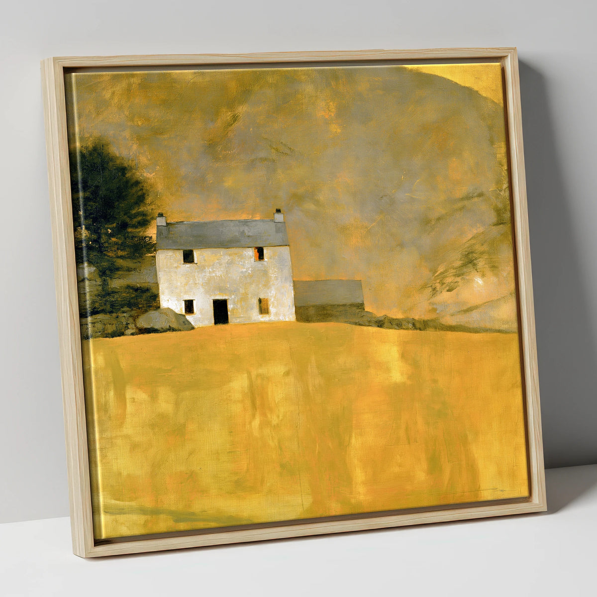 Stone Cottage in Golden Ochre lake district village canvas wall art in natural frame