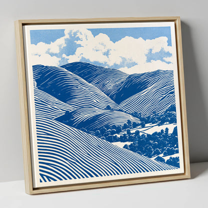 Cobalt Blue Rolling Fells lake district fell canvas wall art in natural frame