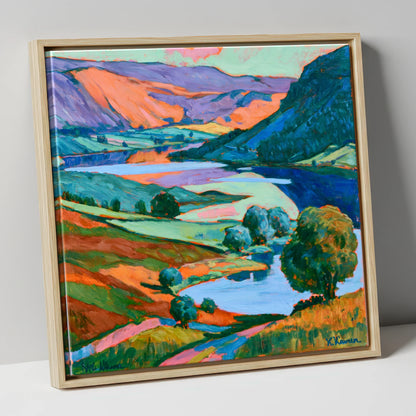 Vibrant Fells and Winding Lake lake district lake canvas wall art in natural frame