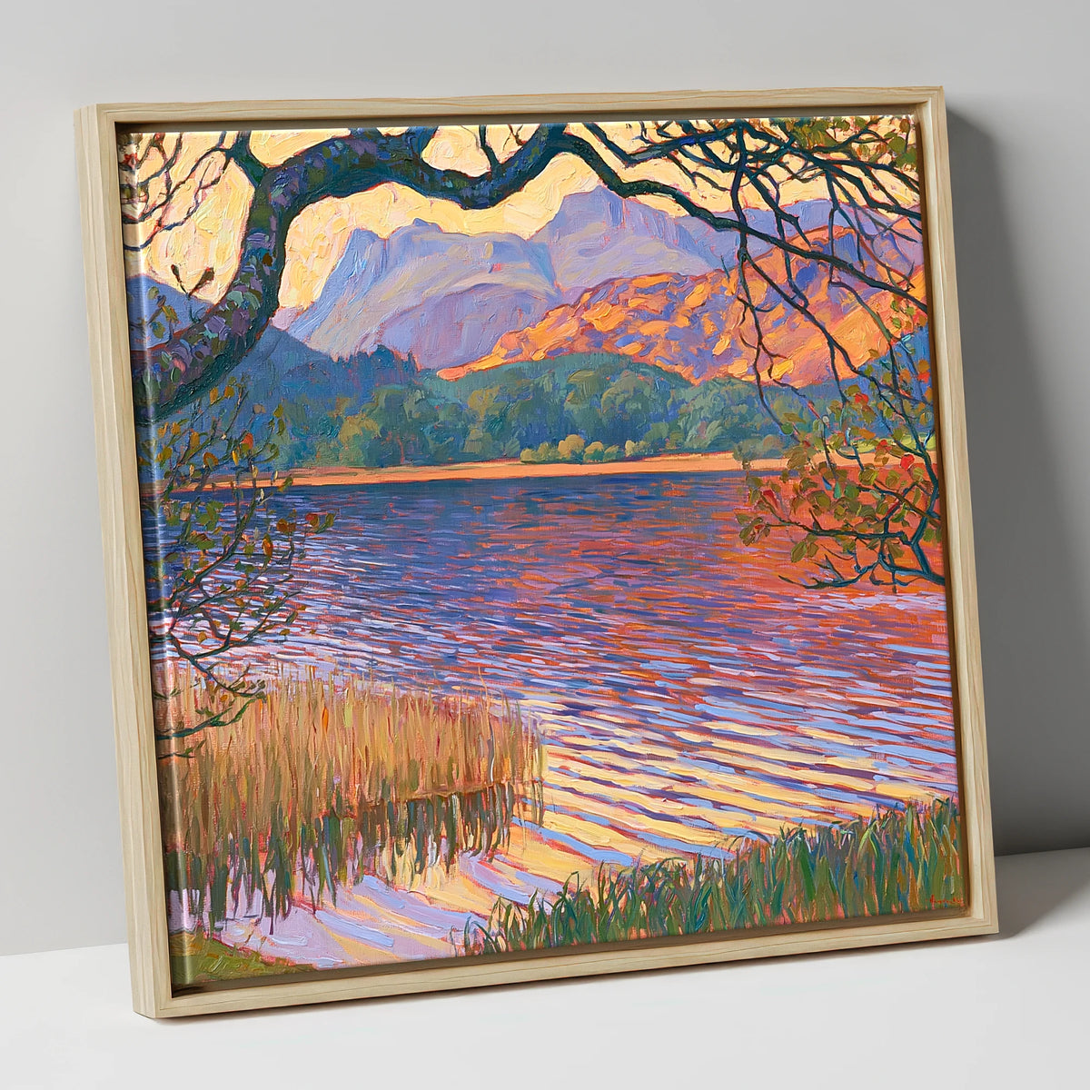 Elterwater Framed by Trees lake district lake canvas wall art in natural frame
