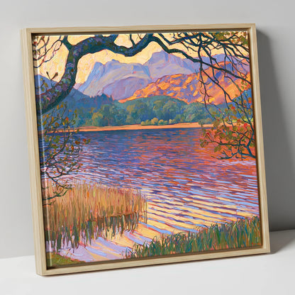 Elterwater Framed by Trees lake district lake canvas wall art in natural frame