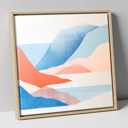 Borrowdale Valley in Coral and Blue lake district valley canvas wall art in natural frame