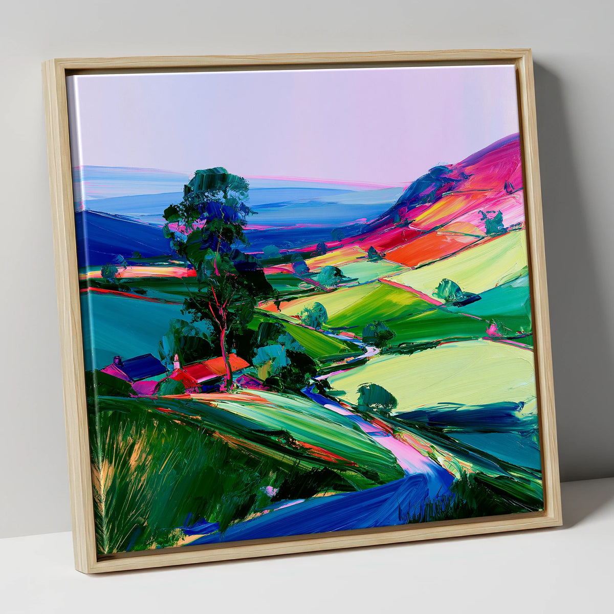 Vibrant Patchwork Dale Fields lake district valley canvas wall art in natural frame