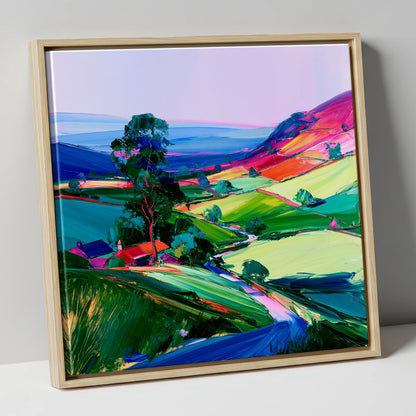 Vibrant Patchwork Dale Fields lake district valley canvas wall art in natural frame