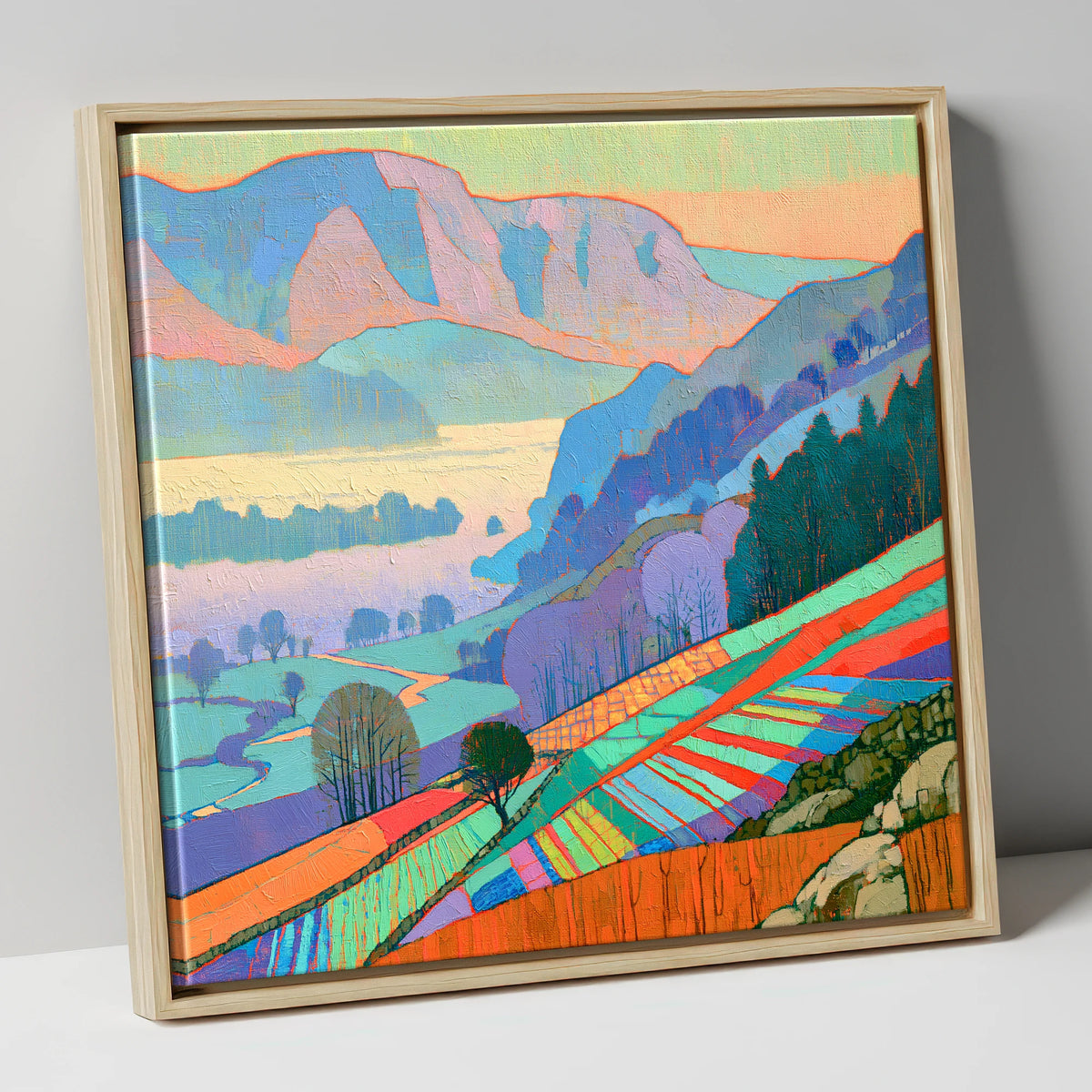 Vivid Morning Valley Mist lake district sky canvas wall art in natural frame