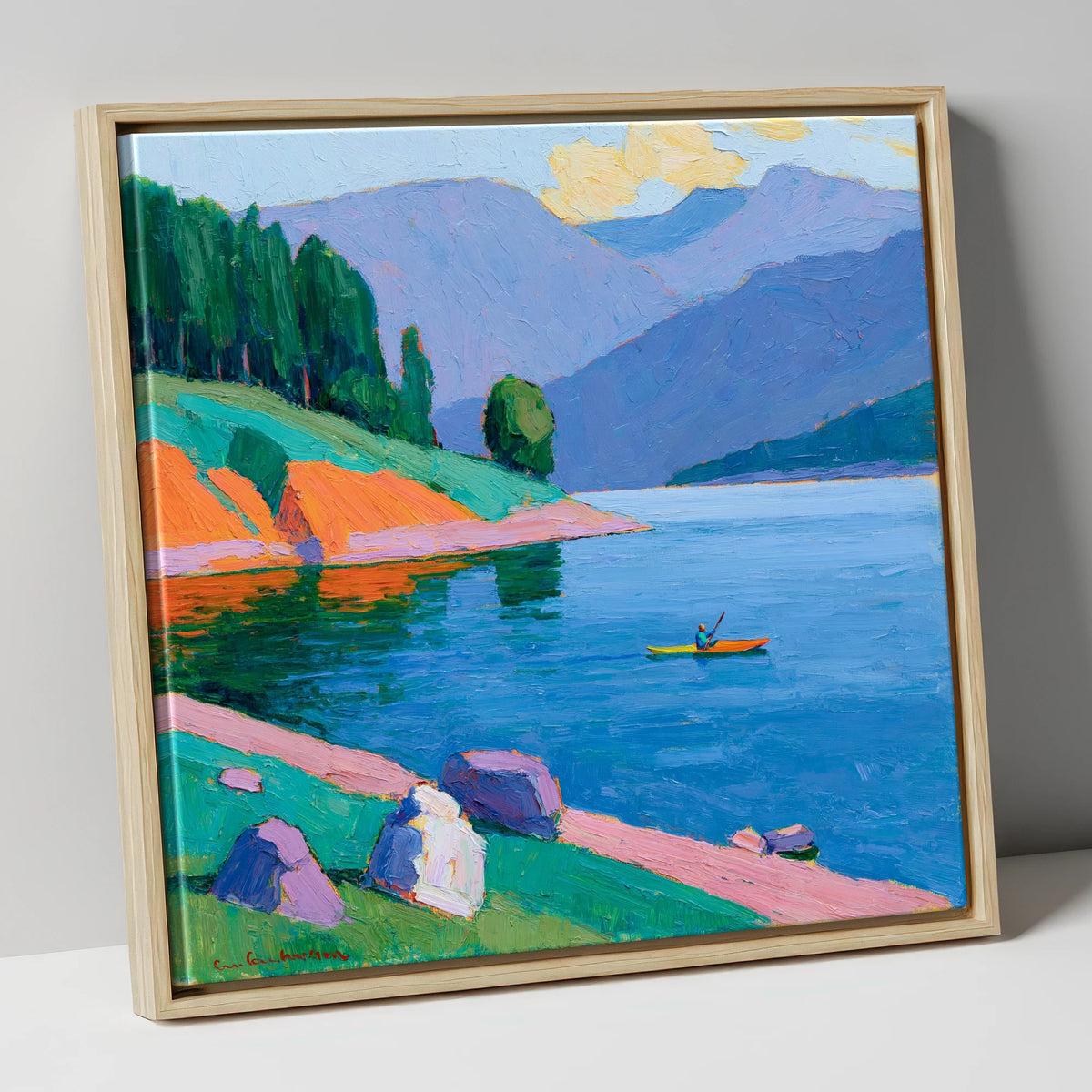 Vivid Kayaker on the Lake lake district walking canvas wall art in natural frame