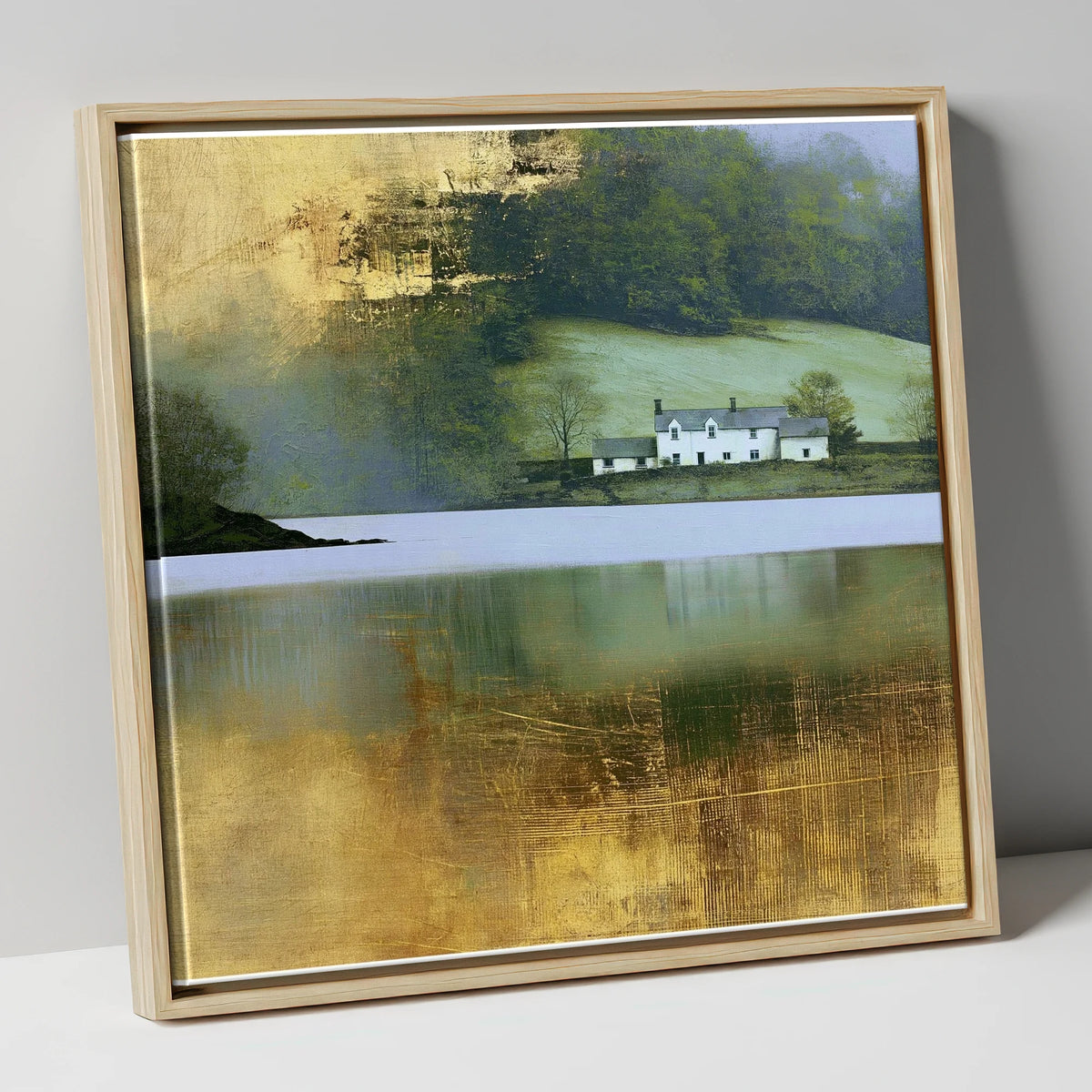 Golden Reflections on Coniston Water lake district lake canvas wall art in natural frame