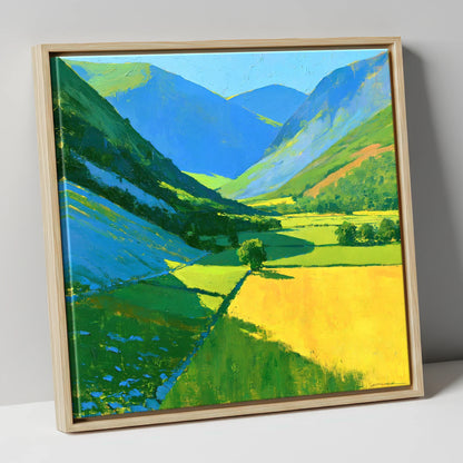 Vibrant Sunlit Valley with Blue Fellside Shadows lake district valley canvas wall art in natural frame