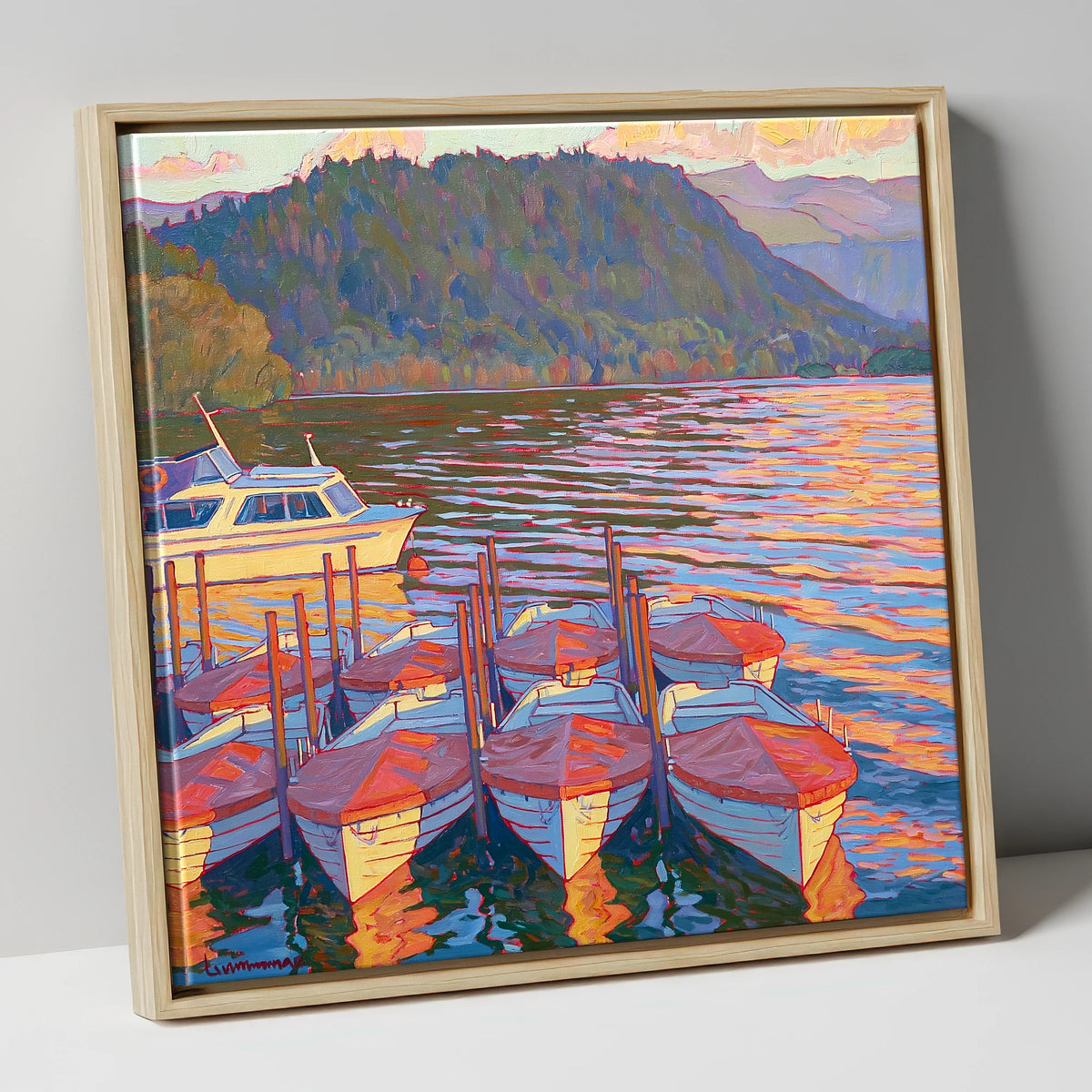 Red Covered Boats on Windermere lake district lake canvas wall art in natural frame