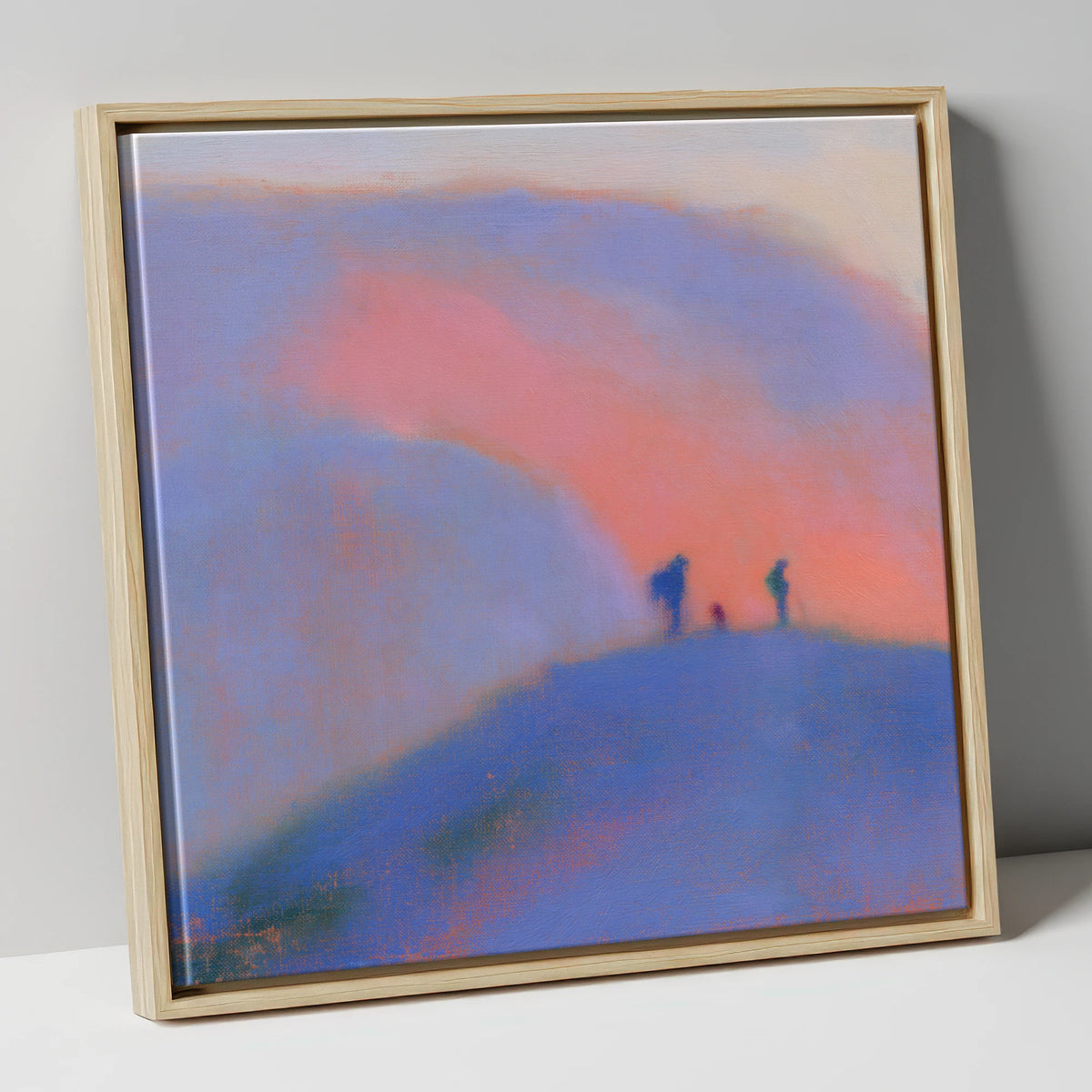 Hikers on a Twilight Fell lake district fell canvas wall art in natural frame