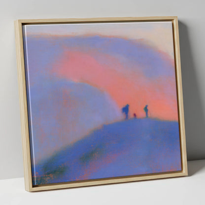 Hikers on a Twilight Fell lake district fell canvas wall art in natural frame