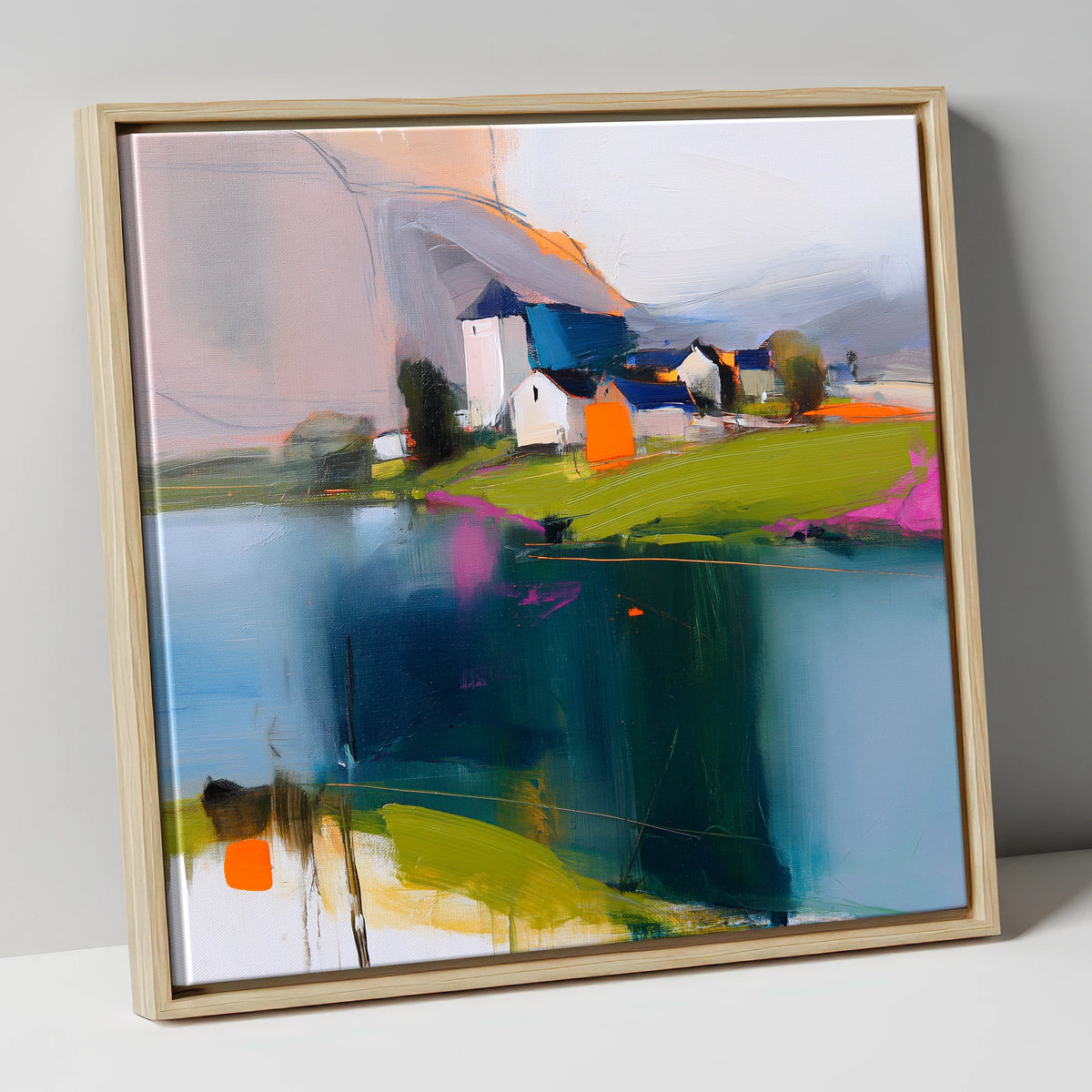 Vibrant Lakeside Village Reflections lake district village canvas wall art in natural frame